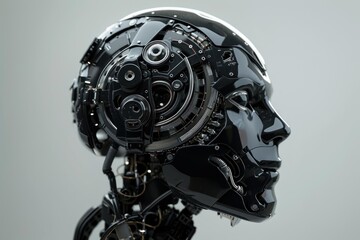 Poster - 3d rendering of a black cyborg head with exposed brain gears looking right