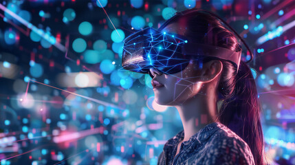 Wall Mural - The businesswoman wearing VR headset works with virtual screen in office with holographic data and network.