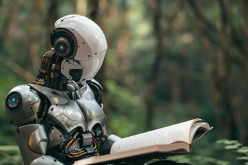 Poster - Robot with artificial intelligence relaxing in nature and enjoying a good book