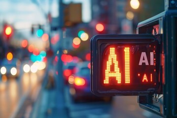 Sticker - AI Traffic Light in Futuristic Cityscape Glowing Red and Yellow Lights Digital Innovation