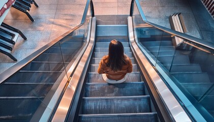 An overhead view of a woman sitting with her back facing the camera on an escalator.