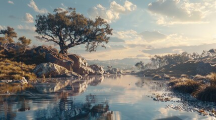 Poster - A serene scene of a small stream running through a lush green hillside, perfect for outdoor or nature-themed projects