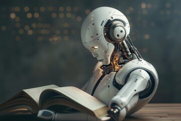 Poster - White humanoid robot reading a book about artificial intelligence