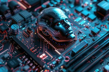 Poster - Metallic artificial intelligence face resting on a circuit board with glowing lights