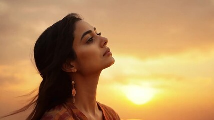 Poster - Woman looking up at sunset sky