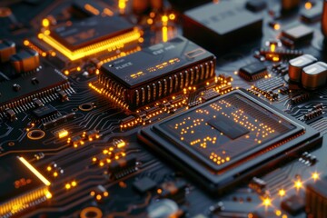 Poster - Modern computer circuit board with illuminated processor, showing the complexity of a motherboard