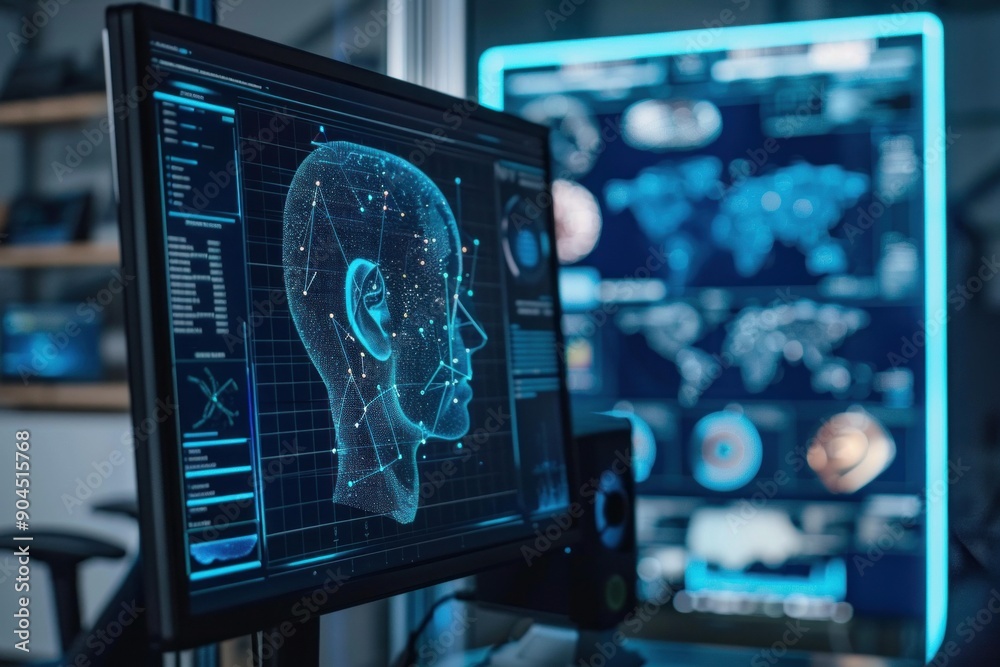 Edge Computer Science Computer monitor displaying a 3d human head model, representing cutting ...