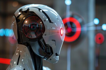 Poster - Futuristic robot scanning with head display detecting analyzing information in server room
