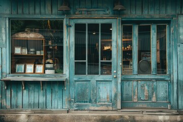 Poster - A storefront with a blue door and windows