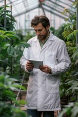 Poster - A scientist examining data on a tablet, possibly in a laboratory setting