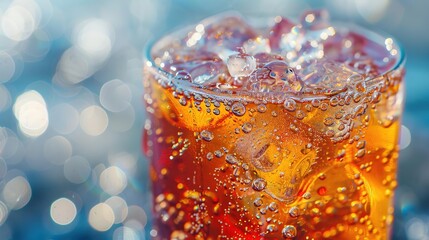 Close-up of a Glass of Iced Soda with Bubbles