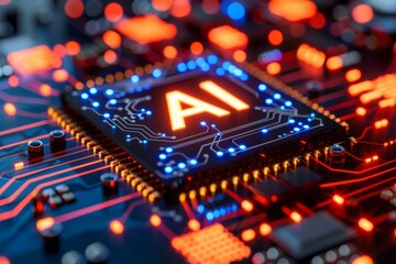 Poster - AI Microchip on Futuristic Circuit Board Glowing Blue and Red Lights High Tech Innovation