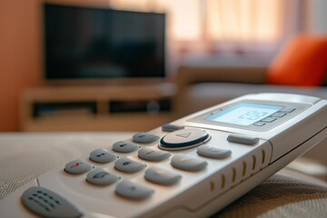 Poster - Modern digital thermostat for adjusting room temperature lying on a sofa in a living room