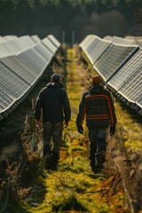 Poster - Two people walking on a field of solar panels, with rows of photovoltaic panels in the background