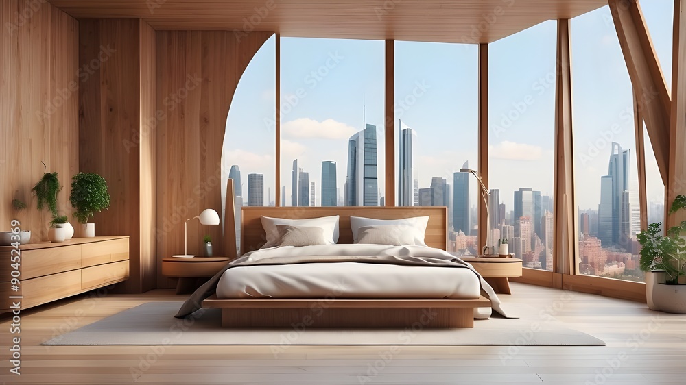 Contemporary bedroom decor with wooden elements and a broad view of the ...