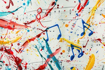 Poster - A detailed view of a painting featuring musical notes and staff, suitable for use in music-related contexts