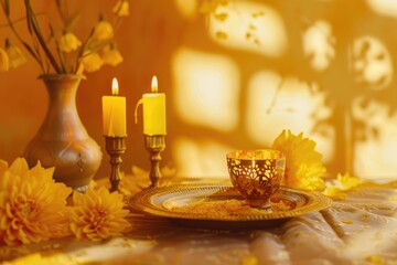 Aufkleber - A simple dinner setting with a plate, glass, and candle on a table