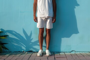 Poster - A person standing in front of a bright blue background, with a neutral expression