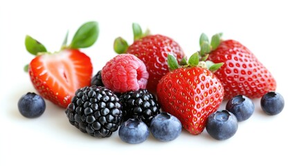 Wall Mural - Fresh and vibrant strawberries, blackberries, raspberries, and blueberries, cut out on white