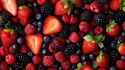 Wall Mural - Fresh mix of strawberries, blackberries, raspberries, and blueberries, cut out and vibrant