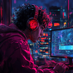 A young male programmer wearing headphones intensely coding on his computer, set against a vibrant cyberpunk cityscape at night, highlighting technology and urban life.
