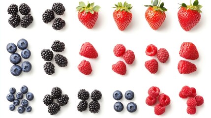 Wall Mural - Juicy collection of ripe strawberries, blackberries, raspberries, and blueberries, cut out on white