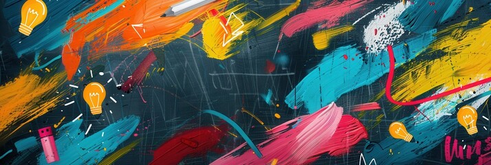 Fototapete - The chalkboard showcases bright brush strokes and detailed drawings of classroom essentials like globes, rulers, and lightbulbs, creating a lively educational atmosphere. Generative AI