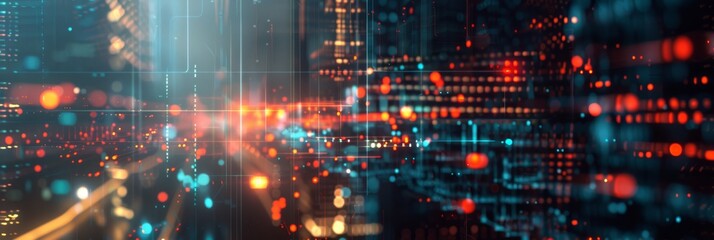 Poster - Visualize abstract digital light beams and data streams within a futuristic cityscape setting