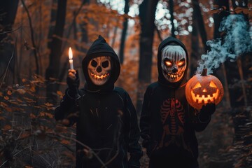 Wall Mural - Creepy Halloween Forest Gathering With Kids Wearing Skull Masks and Holding Pumpkin