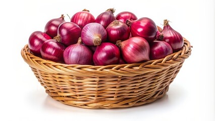 Straw basket of red onions isolated on background file , red onions, straw basket, isolated, background,fresh produce