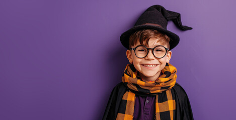 Cute Boy Dressed as a Wizard for Halloween on an Purple Background with Space for Copy