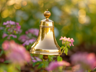 Wall Mural - A golden bell is hanging from a tree branch. The bell is surrounded by pink flowers, creating a serene and peaceful atmosphere