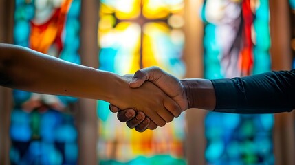 Wall Mural - close up of hands of the young couple holding hands together, in church.