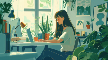 A successful female coder focused on her work at a computer in a stylish home workspace, with elements of modern design and a productive atmosphere.