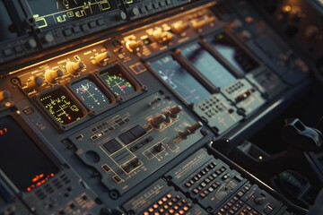 Poster - Airplane control panel with illuminated dials and buttons during a flight