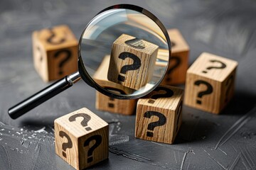 Poster - A magnifying glass examines wooden blocks with question marks, great for studying or highlighting curiosity
