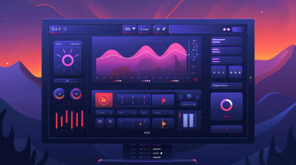 Wall Mural - Illustration of a futuristic data dashboard with vibrant graphs, controls, and analytics, representing advanced technology and data management.