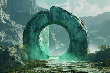 Poster - A large stone arch sits in the midst of a mountain, with rugged terrain and scenic views