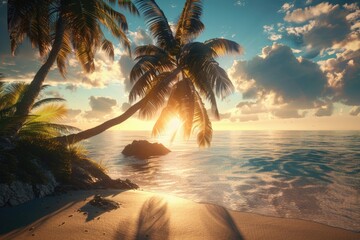 Poster - A calm beach scene with palm trees and a body of water