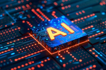 Poster - Embedded AI chip on motherboard sparks technological revolution, highlighted in vibrant blue