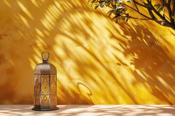 Aufkleber - A bright yellow wall with a metal lantern attached, often used in interior design or architecture