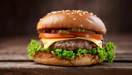 Wall Mural - Delicious juicy hamburger served on a wooden board. Can be used in Burger Menus.