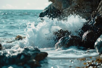 Poster - A close-up shot of the calm water's edge near rocky outcroppings, perfect for nature-inspired designs and backgrounds