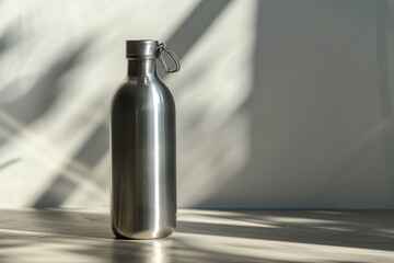 Poster - A stainless steel water bottle sitting on a table, ready for use