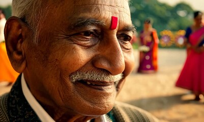 Wall Mural - Medium shot portrait video of a satisfied 100-year-old elderly man that is wearing a chic cardigan against a traditional indian wedding celebration background