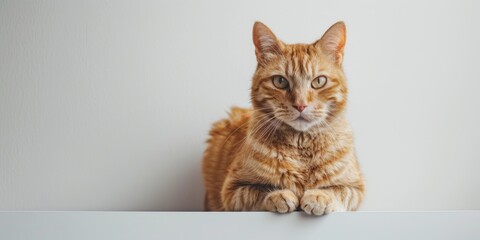 Poster - A calm orange cat sits on the edge of a white table, ready to observe its surroundings