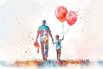 Canvas Print - A man and a young girl holding red balloons, a symbol of joy and celebration