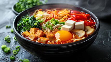 Wall Mural - Animated Asian noodle soup, ramen with chicken, tofu, vegetables and egg in black bowl. Slate background. Top view. Slow motion footage 