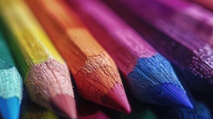 Poster - A detailed view of a set of colorful pencils lying together, ideal for illustrations and designs