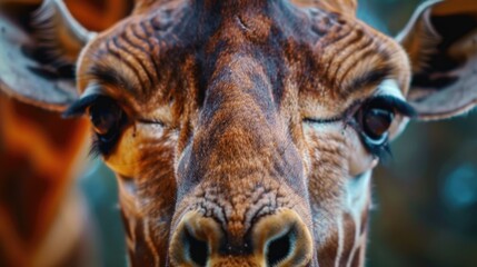 Wall Mural - Close-up shot of a giraffe's face, blurred background